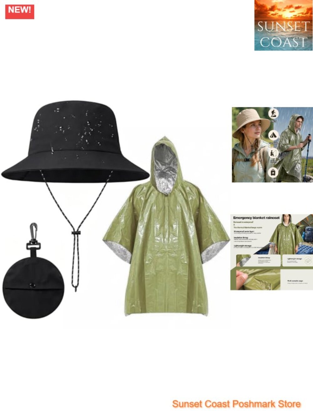 Waterproof Foldable Bucket Hat with Adjustable Chin Strap and Rain Poncho Set